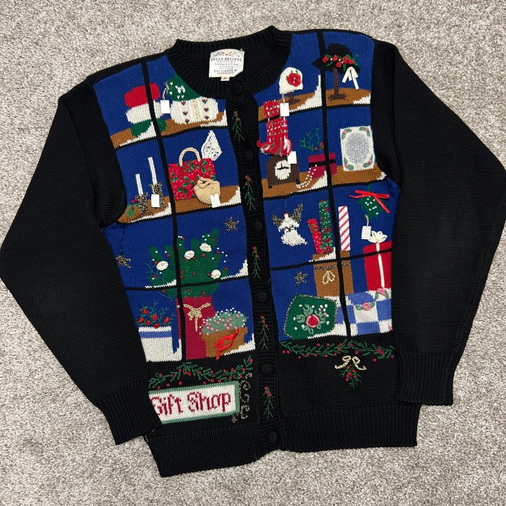 Vintage Susan Bristol Christmas Cardigan Sweater 1994 Gift Shop Women Petite (S)
